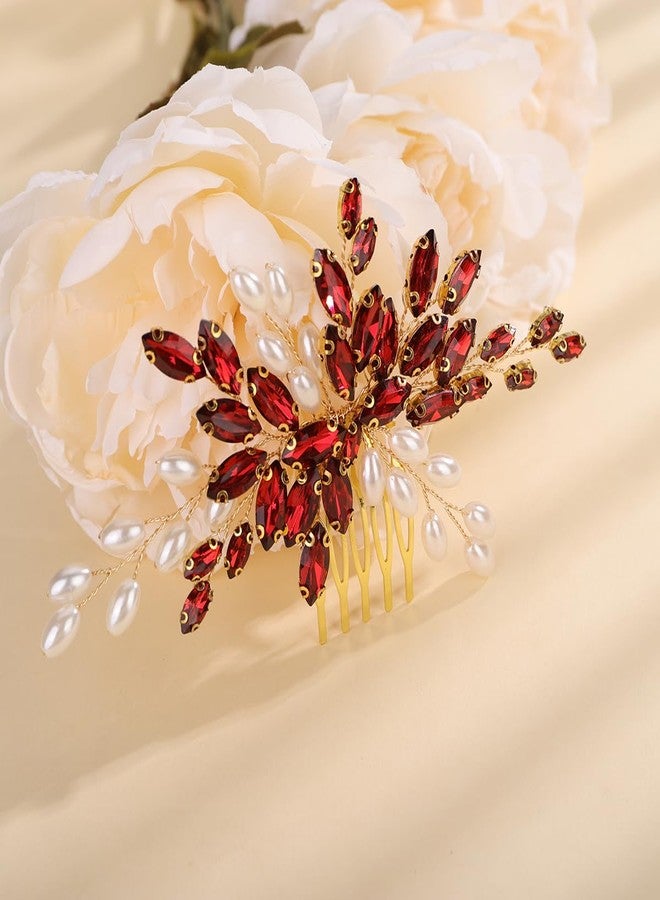 Xerling Pearls Rhinestone Hair Comb Wedding Hair Accessories Vintage Bridal Side Comb Floral Headpiece Hair Jewelry Multi Colors Head Piece for Women Brides (Wine Red) - Image 5